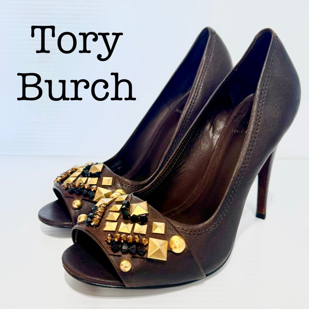 Tory Burch Brown Leather Studded Heels Size 9